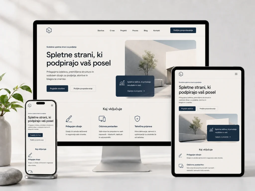 Primer sodobne spletne strani na računalniku, tablici in telefonu